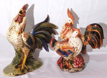 Colorful, Decorative Ceramic Rooster And Hen With Chick