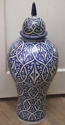 Large Blue And White Glazed Moroccan Floor Standing Urn With Lid Approx. 36 Inches Tall