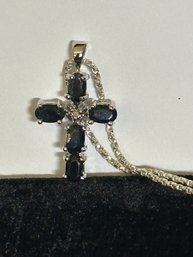 Sterling Silver 16 Inch Fine Necklace With Sliding Blue Sapphire/ Diamond Crucifix