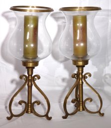 Pair Of Elegant Brass And Glass Hurricane Candle Holders