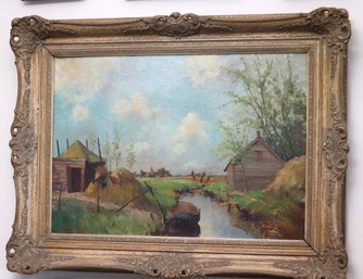 Toon Verplak Listed Ditch Artist Oil On Canvas Landscape With Canal And Houses