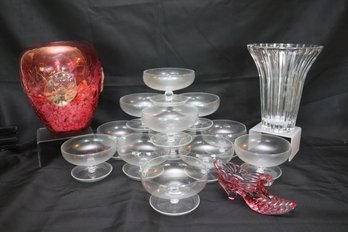 Lot Of Vintage Glass Items With 12 Sorbet Cups, 2 Vases And Fenton Shoe.