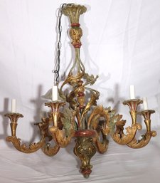 Italian Baroque 6 Light Chandelier In Sirocco Wood, With Gilded Curved Leaf Design