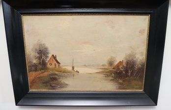 Signed Oil On Board Of Dutch Landscape With Houses On Pond And Sailboat