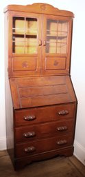 Vintage 1940s Wood Secretary Desk Made With Quality Tongue And Groove Woodwork And Glass Panel Doors