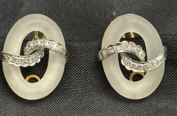 14K YG/WG Lovely Pair Of Moonstone Crystal And Diamond Ribbon Earrings