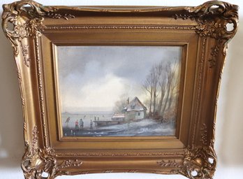 Signed Oil On Board Painting Of Skaters On Pond Under A Grey Winter Sky