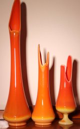 Set Of 3 Vintage Fiery Orange Bittersweet Swung Blown Glass Vases Ranging In Size From 15-29 Inches Tall