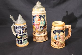 Vintage Musical Beer Stein And 2 Other Steins.