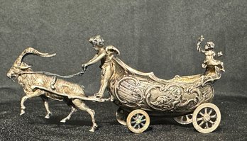 Wonderfully Detailed Antique 800 Silver Wagon With Cherubs Drawn By Horned Goat