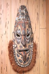 Large Vintage Unique Hand Carved/Hand Painted African Tribal Mask Embedded With Shells
