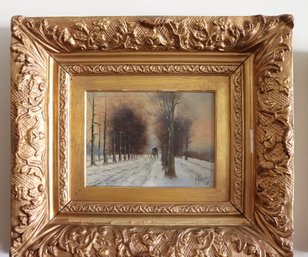 Signed Dutch Art School Winter Scene With Horse And Carriage In Heavy Gilded Frame