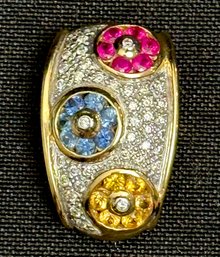 14K YG Diamond Slide Pendant With 3 Flower Designs In Multicolor Semiprecious Stones-Signed Levian