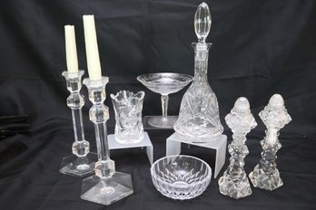 Crystal Decanter, Candlesticks, S/ P And 2 Bowls With Cup.
