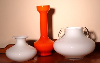 Vintage Milk Toned Shanter Glass Style Vase With Handles, Orange Glass Vase And Smaller Vase