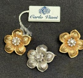 14K YG/wG Three Diamond Flowers Sliding Pendants-Signed Carlo Viani