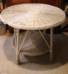 White Painted Round Wicker Table With Shelf