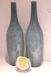 Pretty Pair Of Marble Toned Glass Vases And Global Views Yellow Color Drop Vase