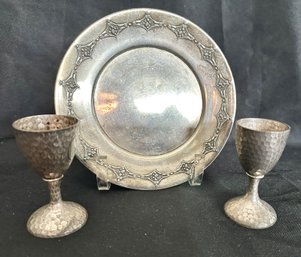 Pair Of Hand Hammered 800 Silver Liqueur Cups Plus 800 Silver Plate