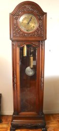 Grandfather Clock In Carved Wood Case With Claw Feet, Brass Face, Weights And Pendelum