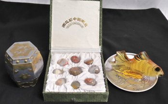 Assorted Collectibles With Agate Rocks, Chinese Brass, And Pewter Trinket Box,