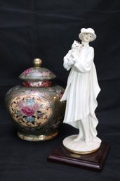 Armani Florence Figurine 1993 And Chinese Floral Painted Urn With Lid.