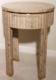 Stylish Circular Side Table With Marble Top And Veneer/ Brass Accents On The Legs