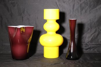 Vintage Vase Dcor Including A Yellow Bubble Glass Vase And Wavy Cranberry Toned Art Glass Vase