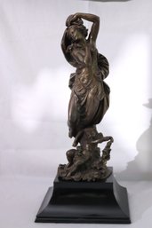 Patinated Cast Brass Or Bronze Figurine Of Beautiful Neoclassical Woman And Satyr On Black Painted Base