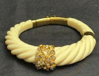 14K YG Unique Diamond And Carved Bone, Hinged Bracelet