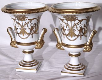 Pair Of Chelsea House Porcelain Urns With Applied Gold Laurel Leaf Design