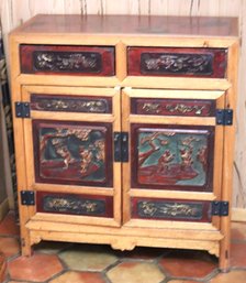 Vintage Chinoiserie Style Cabinet With Hand Painted Detail & Ornate Embossed Detail Throughout