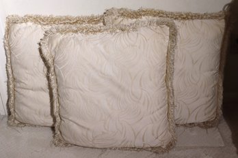 Set Of 3 Large Cream Toned Linen Pillows With Fringes Measuring Approx. 24- Inch Square