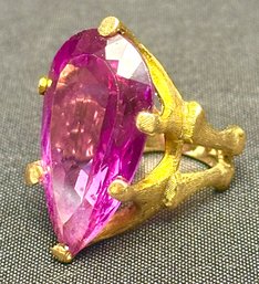 14K YG Faceted Large Teardrop Amethyst Ring - Size 8