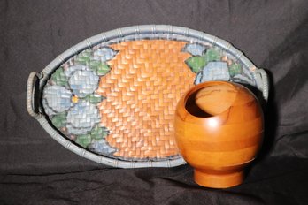 Signed Milbern Woods Vase And Woven Floral Tray With Handles From The Shop In The Woods