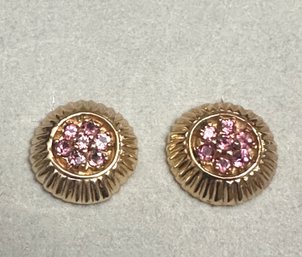 10K YG   Pair Of Round Pink Topaz Earrings-Signed JCR