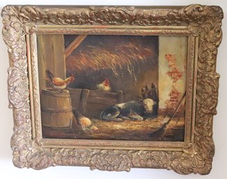 Small Signed Oil On Board Of Farm Animals In Manger