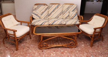 Mid-century Woven Bamboo Rattan Sunroom Set With Seat Sofa, 2 Armchairs, And  Coffee Table