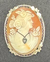 14K WG Lovely Cameo Brooch / Pendant With Diamond Accent