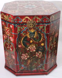 Beautiful Large, Asian Storage Box, Painted With Designs Of Dragons And Flowers