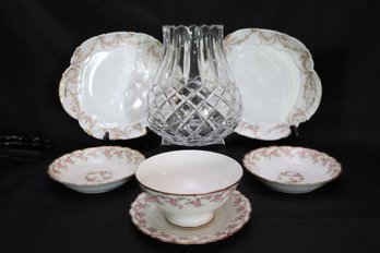 Six Pieces Of Limoges France Pink Roses Dishes And Modern Etched Crystal Vase.