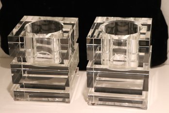 Pair Of Dazzling Stacked Square Glass/crystal Candle Holders
