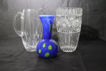 Etched Crystal Vase, Pitcher And Signed Art Glass Vase.