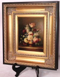 Dutch Style Still Life With Roses In Elegant Fold Frame.