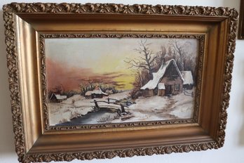 Winter Scene With Snow And Farmhouses By Stream