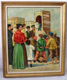 Signed Vintage Painting Of Italian Outdoor Puppet Theater E Quarattelle, In Gold Frame.