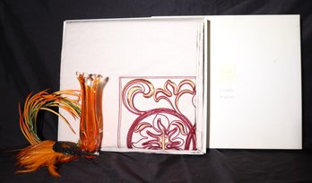 Vintage Campo Rialto Fine Linen/velvet Tablecloth With Ornate Design Approx. 60 X 60-inch, Orange Toned Glass