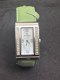 Lucien Piccard Stainless Steel Ladies Quartz Watch With Green Leather Wristband And Mother Of Pearl Dial