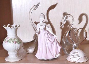 Belleek Vase,  A Daughters Heart Music Box By Ardleigh Elliot, Glass Swans And Lady In Pink Dress Music Box