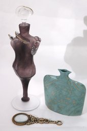 Hand Blown, Art Glass Figurative Perfume Bottle And Other Tabletop Decor.